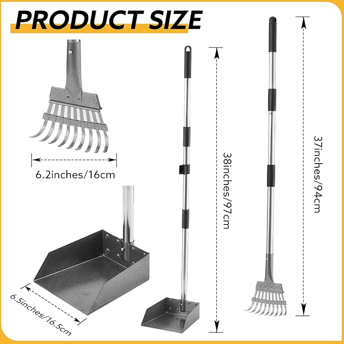 Adjustable Metal Dog Pooper Scooper Tray and Rake Set for Pet Waste Removal | Adjustable Stainless Steel Long Handle, Light Weight Aluminum Tray,Durable Carbon Steel Rake,For Medium Small Dogs