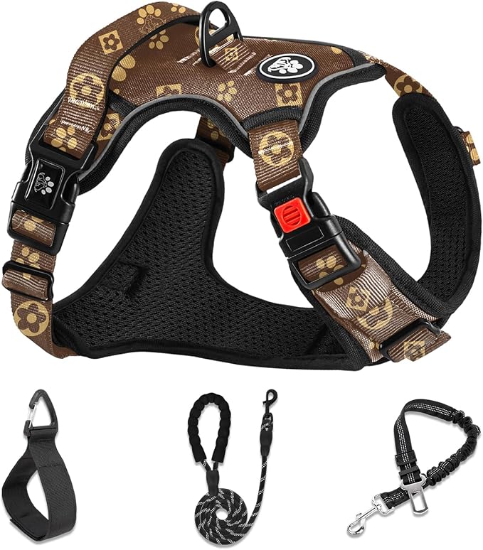 NESTROAD No Pull Dog Harness,Adjustable Oxford Dog Vest Harness with Leash,Reflective No-Choke Pet Harness with Easy Control Soft Handle for Medium Dogs(Medium,Dark Brown)