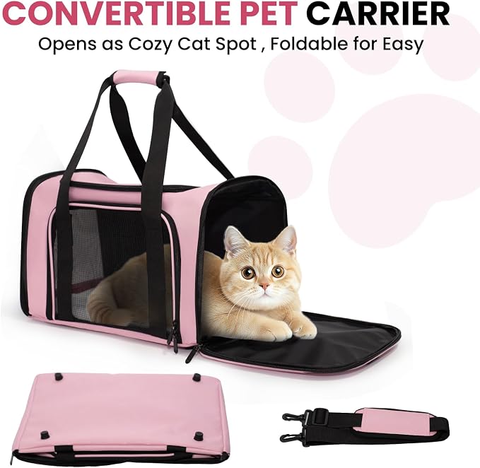 Soft-Sided Cat Carrier Expandable Pet Carrier Airline Approved Mesh Travel Carrier Up to 22lbs for Cats Small Dogs Collapsible Escape-Proof with Shoulder Strap Washer (20x13x13 Pink)