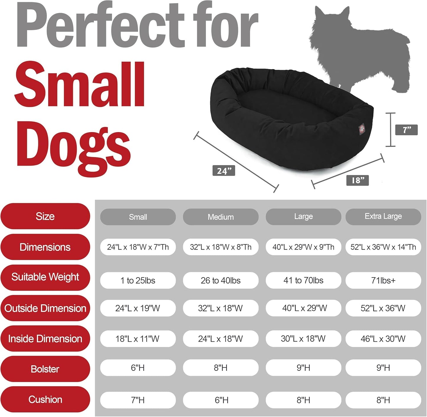 Majestic Pet 24 Inch Suede Shredded Memory Foam Mix Calming Small Dog Bed Washable 24 x 19 x 7 (Inch) - Cozy Soft Round Donut Dog Bed with Spine for Head Support - Pet Bed Black