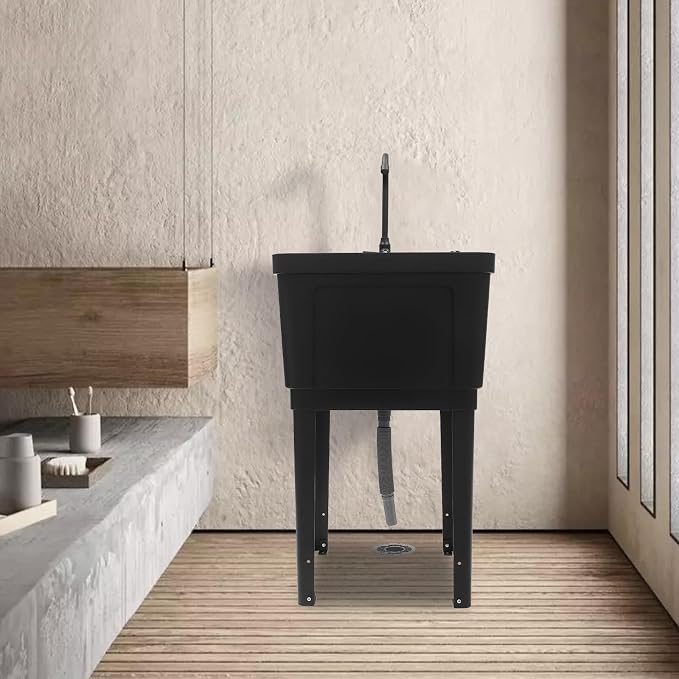 Tall Freestanding Plastic Utility Sink with Rotatable Faucet Black | Equipped with Hose Hook Up, Built-In Soap Box and Soap Dispenser, Four Iron Support Feet, Suitable for Laundry and Pet Bath
