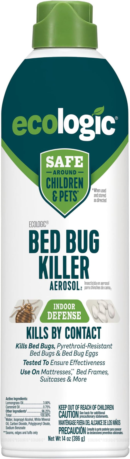 Ecologic Bed Bug Killer Aerosol, 14 Ounces, Aerosol Formula Made With Lemongrass Oil And Cornmint Oil For Use On Seams, Edges And Tufts Of Mattresses, Bed Frames, Suitcases And More
