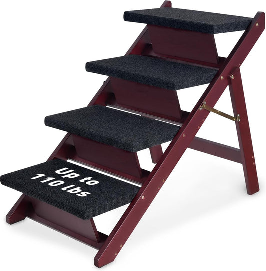 BRIKY Wooden Dog Stairs/Steps - Foldable 4 Steps Dog Steps for High Bed Couch Cars, Non-Slip Pet Stairs for Small Large Medium Dogs and Cats, No Assembly Required