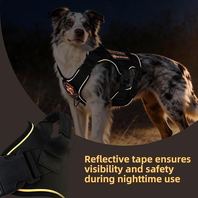 Reflective Tactical Dog Harness with AirTag Holder&3 Pet Patches, Black M | Heavy Duty No Pull Dog Harness, Adjustable Dog Harness, Two Handles, Breathable Mesh Padding, Resists Dirt and Stay Clean