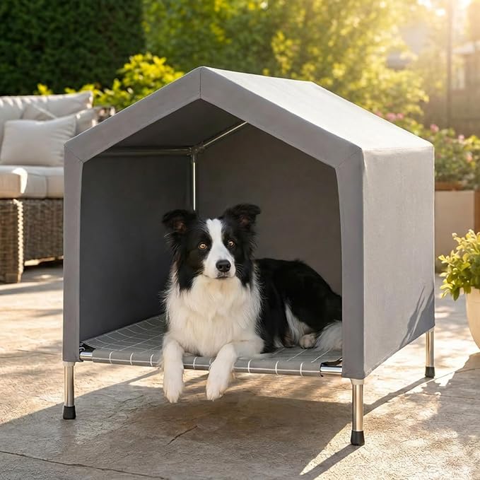 Elevated Dog House for Medium Dogs, Raised Dog Bed with Removable Canopy | Weather-Resistant Sunshade Fabric, Indoor & Outdoor Portable Pet Tent, Rust-Proof Stainless Steel Frame, for Medium Dogs