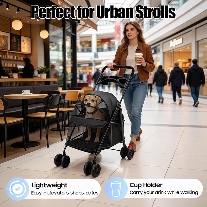Pet Stroller for Small Medium Dogs Cats, Lightweight Foldable Pet Wagon with 360° Front Wheels & Brake, 40 lbs Capacity Carrier for Park Travel Shopping, Breathable Mesh Basket (Black)