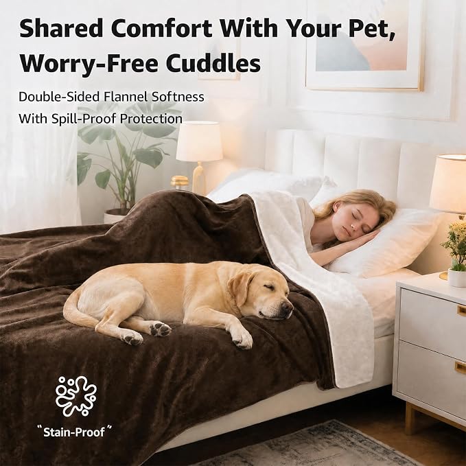 LOOBANI Waterproof Blanket for Bed Intimacy Queen Size 80"x90", Coffee | Double-Side Leak-proof Cozy Flannel, Reversible, Stain-Proof Cover for Rest Movie Time, Furniture Protection, Large Dogs