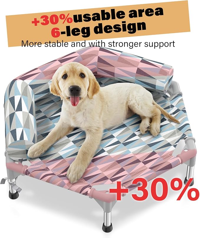 Elevated Dog Bed with Bolster, Raised Cooling Orthopedic Dogs Cot Small | Hexagon Outdoor Dog Bed with Metal Frame for Up to 50 lbs, Portable Dog Hammock for Patio Camping, Breathable, Off the Ground