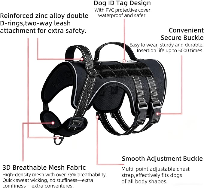 Tactical Dog Harness Adjustable Reflective No Pull Dog Harness, XL | 2 Control Handles, Hook and Loop Panel for ID Patch, Pet ID Tag, Breathable Mesh Padding, Heavy Duty Dog Harness, Training