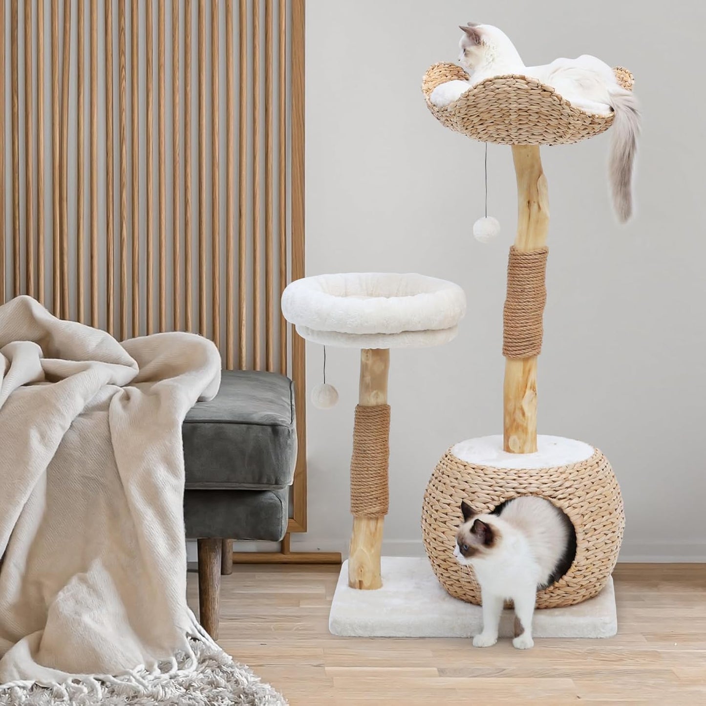 Modern Cat Tree Tower for Indoor Cats, Real Branch Luxury Cat Condo with Scratching Post, Jumping Platforms, Hanging Toy Ball for Multi-Cat Households