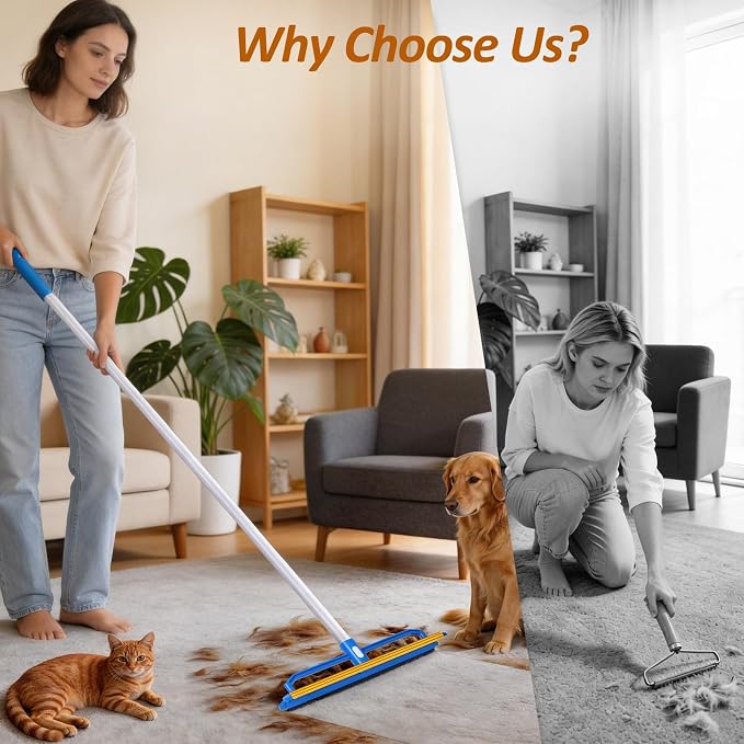 Topmart Carpet Rake with 60" Long Adjustable Handle | 2-in-1 Pet Hair Remover for Rugs Mat & Furniture,Reusable Carpet Scraper for Dog Cat Shedding Fur,Includes Silicone Pet Brush