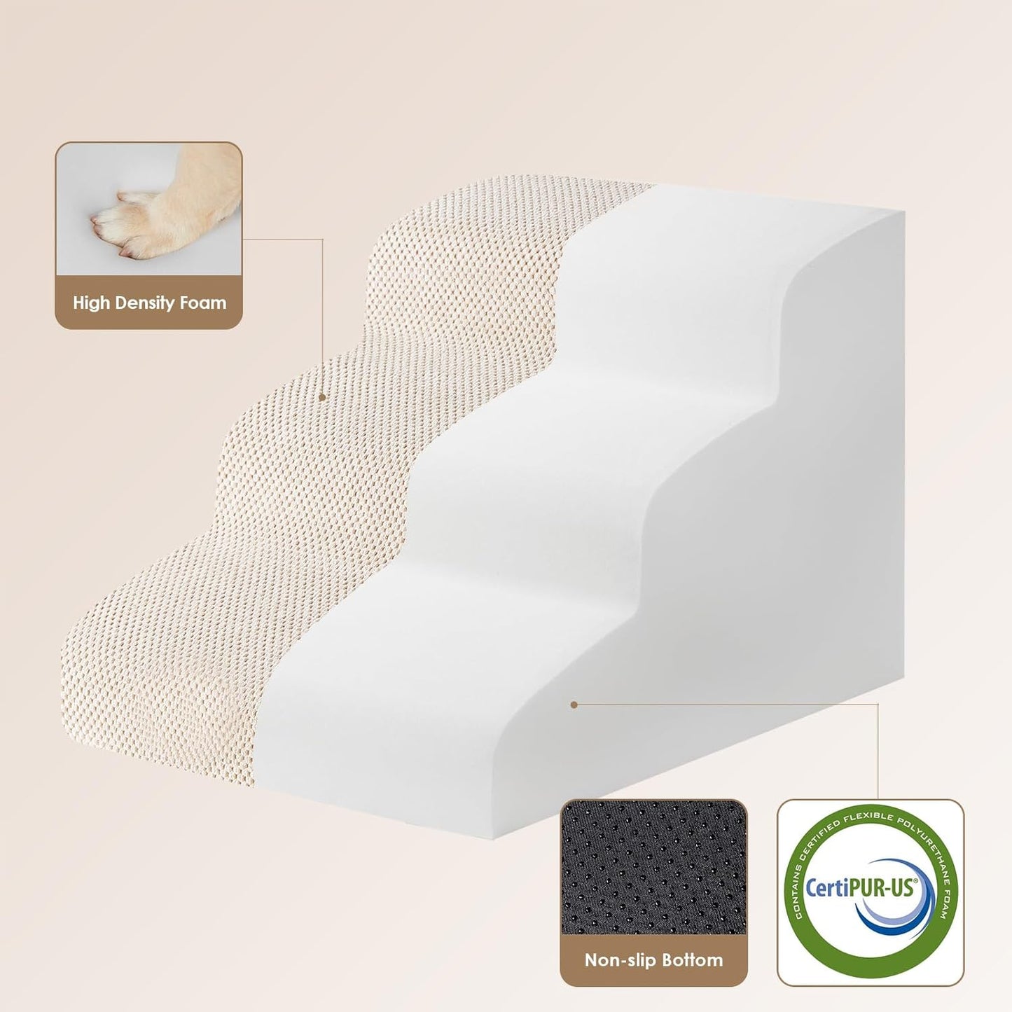 EHEYCIGA Curved Dog Stairs Ramp for Small Dogs 15.7" H, 3-Step Dog Steps for Couch Sofa and Chair, Pet Stairs for Cats, Non-Slip Balanced Pet Steps Indoor, Beige