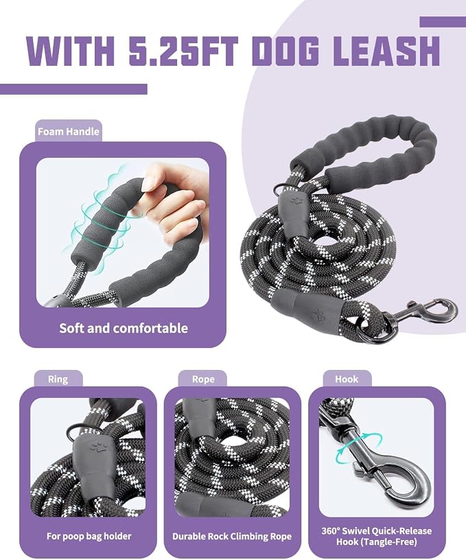 AUROTH Dog Harness and Leash Set for Large Sized Dog, No Pull Dog Vest | with Leash Clips, LED light clip, Soft Padded No Choke, Escape Proof, Easy Walking and Training, Purple, XL