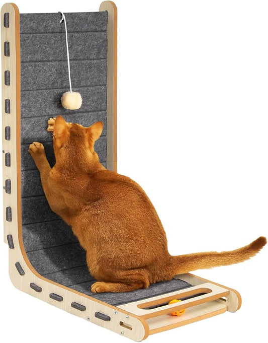 Cat Scratcher with Bell Ball Cat Scratch Pad L-Shaped Scratch Mat Vertical Cat Scratching Board for Indoor Cats Felt Cats Scratching Post Furniture Protector Kittens Cratchers Toys- Grey