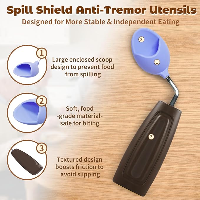 Anti-Tremor Spill Shield Spoon for Hand Tremors Parkinsons, Weighted Adaptive Utensils with Large Enclosed Scoop, Ergonomic Non-Slip Handle, Dishwasher Safe (Black, Right Spoon)