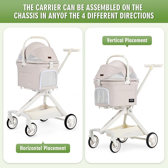 TT Pet Stroller for Small Dog & Cats (Beige) | Detachable Carrier, Aluminum Alloy Frame, Adjustable Handle, Easy Installation, One-Touch Brake, Larger Rear Wheels