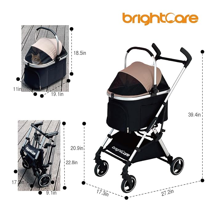 Small Pet Stroller for Dogs & Cats Under 20 lb with Detachable Carrier, Converts to Car Seat, Ultra-Lightweight only 11lb, One Hand Fold