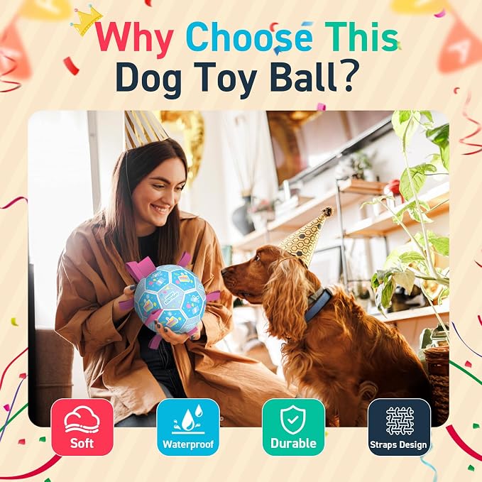 QDAN Dog Birthday Toys, Soccer Ball for Dogs with Straps, Dog Ball Toy, Puppy Birthday Gifts, Durable Herding Balls for Medium Large Dogs (8 inch)