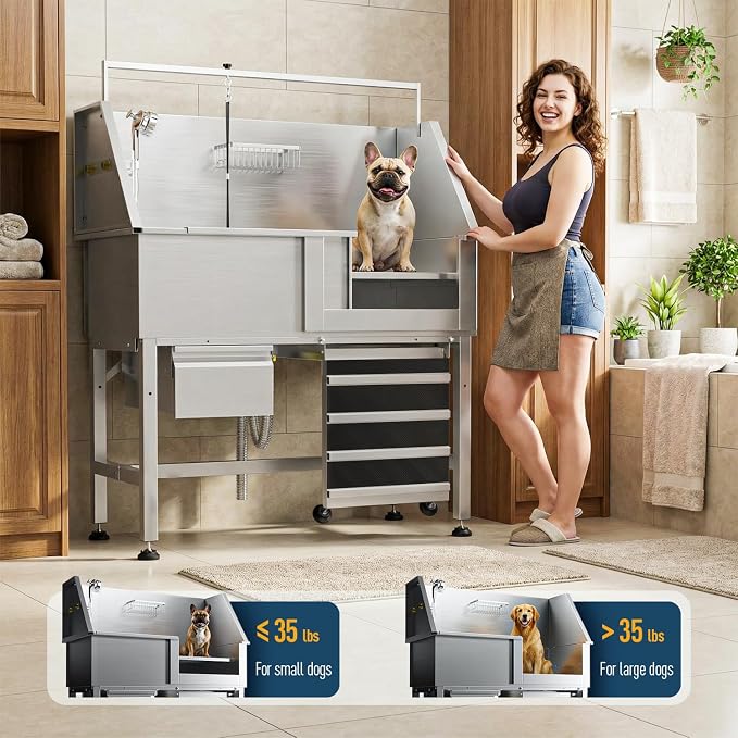 46" Dog Washing Station, Leak-Proof 304 Stainless Steel Dog Bathtub with Non-Slip Removable Left Stair & Storage Drawer, Elevated Pet Wash Station for Large Dogs, Indoor & Outdoor Use (Right Ramp)