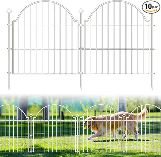 10 Panels No Dig Decorative Garden Fence for Yard, 24in (H) x 20ft (L) Rustproof Metal Wire Panel Border Animal Barrier Fencing for Dog, Rabbits, Flower Bed Edging Ornamental with Ground Stake, White