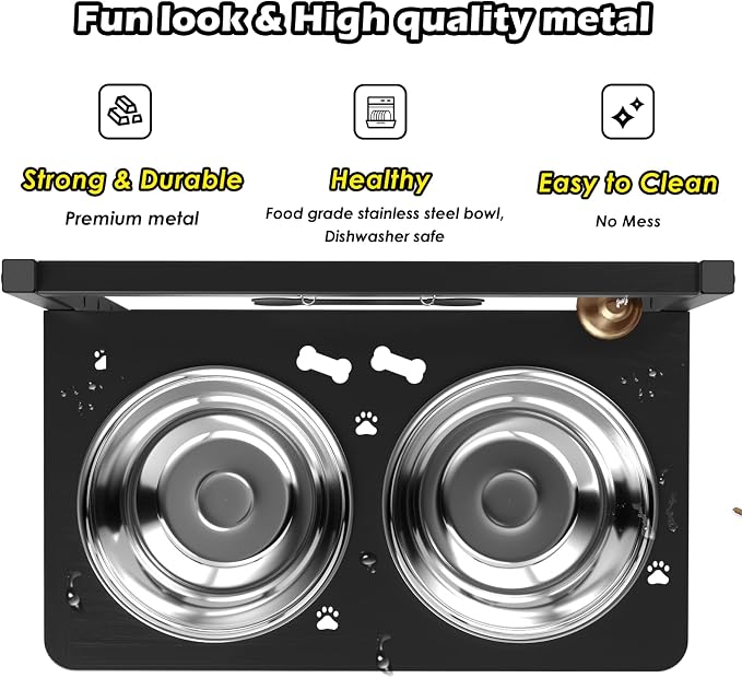 SHAINFUN Elevated Dog Bowls with Mat, Adjustable Height 4.3''-11.8'', Metal Stand, Two 1.7L Stainless Steel Food & Water Bowls for Large, Medium Dogs