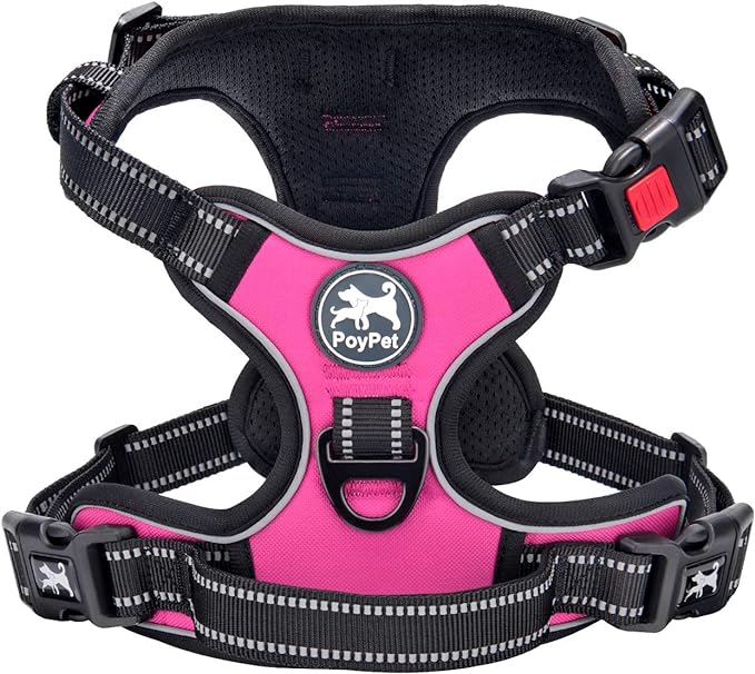 PoyPet No Pull Dog Harness Medium with Front Clip & Neck Release Buckle | No Choke, Adjustable Vest, Reflective, Back Clip, Lockable, Soft Padded, Easy Control Handle for Walking Training, M, Pink