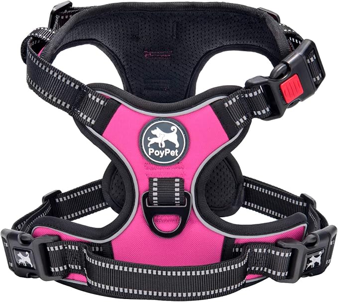 PoyPet No Pull Dog Harness Large with Front Clip & Neck Release Buckle | No Choke, Adjustable Vest, Reflective, Back Clip, Lockable, Soft Padded, Easy Control Handle for Walking Training, L, Pink