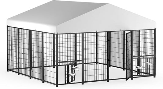 LOVMOR 10' x 10' Outdoor Dog Kennel with Roof for Large Dogs | Heavy duty steel frame, waterproof canopy, double latch door, adjustable feeding bowls for yards and patios