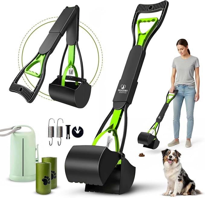 SHAZORY Pooper Scooper for Dogs & Cats – Long Handle, Heavy-Duty Design with Bag Dispenser, Poop Scooper for Large Dogs, Dog Poop Scoop for Yard, Portable for Pet Parents & Dog Walkers (28")