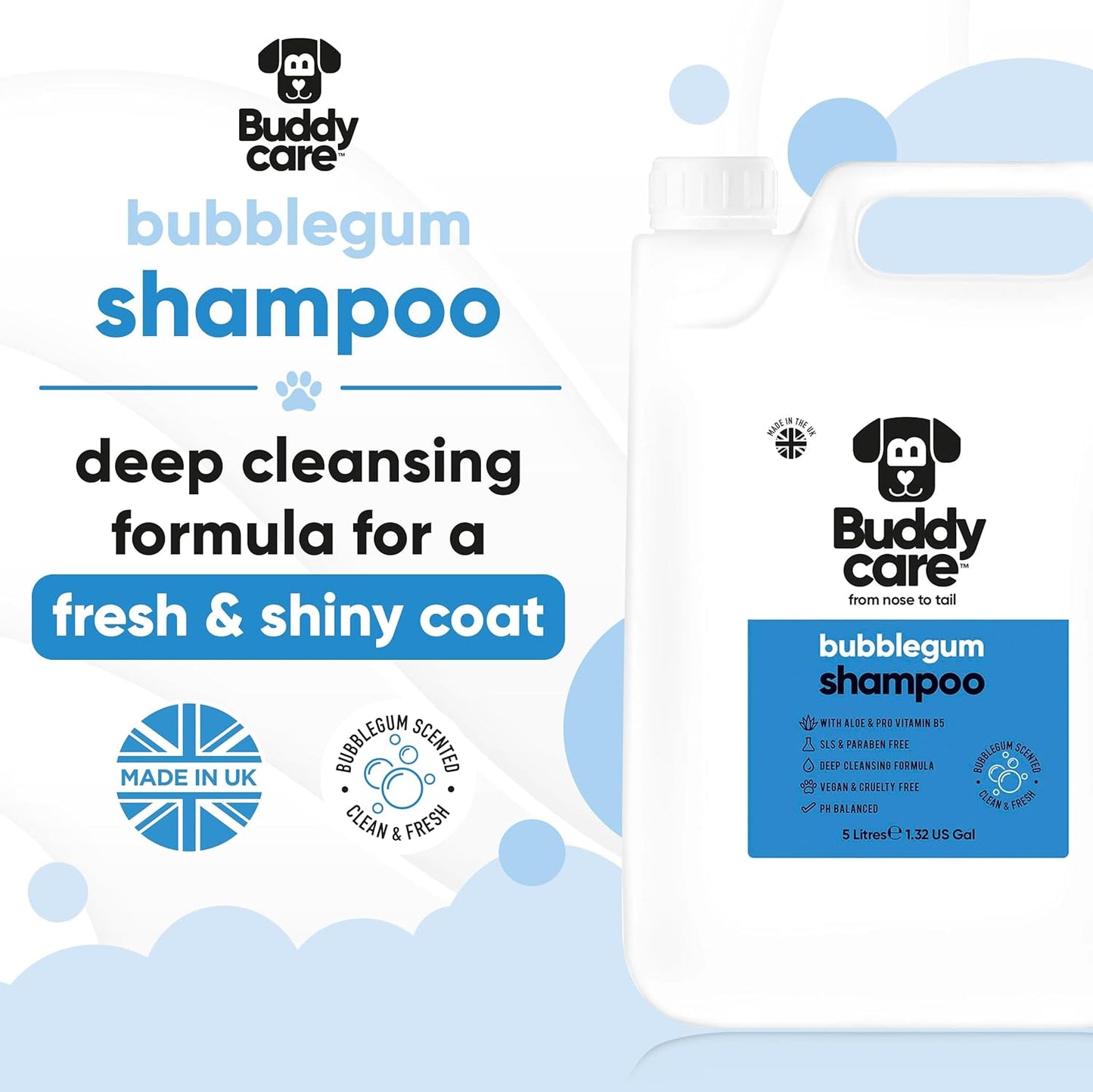 Bubblegum Dog Shampoo by Buddycare | Deep Cleansing Shampoo for Dogs | Bubblegum Scented | with Aloe Vera and Pro Vitamin B5 (169.07oz)