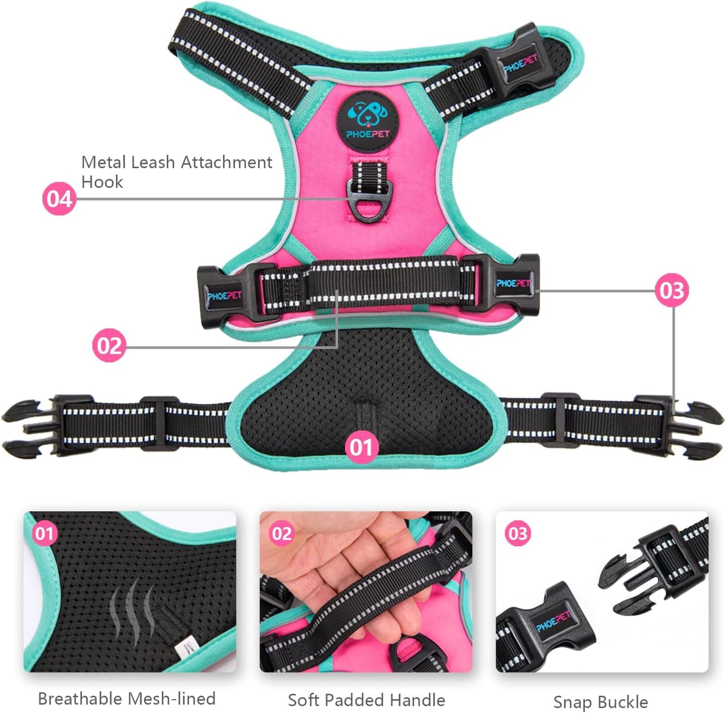 PHOEPET 2019 Upgraded No Pull Dog Harness, Reflective Adjustable Vest, with a Training Handle + 2 Metal Leash Hooks+ 3 Snap Buckles +4 Slide Buckles(S, Pink)