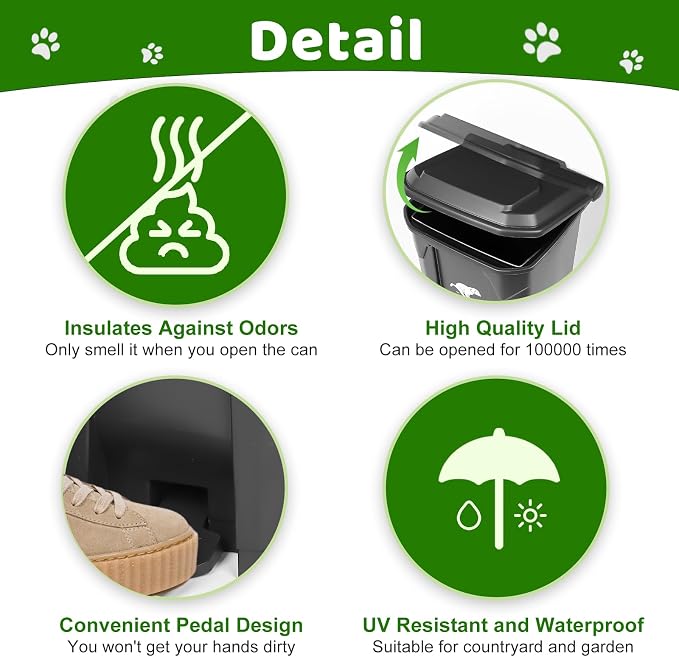 Dog Poop Trash Can Outside - 20L/5Gal Dog Poop Scooper Set, Black | Outdoor Trash Can with Lid and Removable Inner Bin,Dog Waste Trash Can with 100 Bags & Storage Box and Metal Rake & Tray