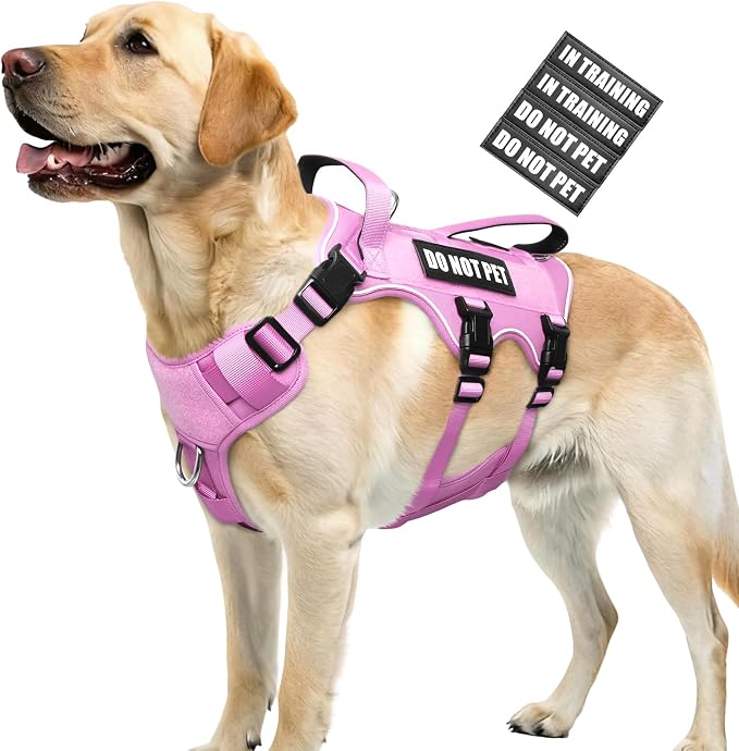 Escape Proof Dog Harness with Double Handle+4 Removable Patches | Service Working Molle Harness with Double Handle for Large Dogs, Tactical Pet Reflective Vest for Walking Hiking Hunting