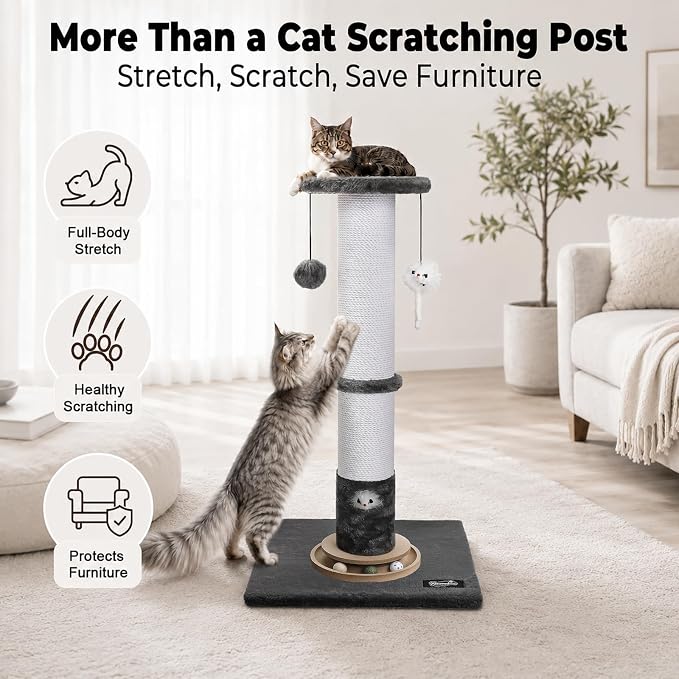 35-Inch Tall Cat Scratching Post, Stable Base for Large Cats, Gray | Heavy-duty, soft natural cotton rope cat scratcher, interactive cat toys, wooden ball track, for kittens and indoor cats