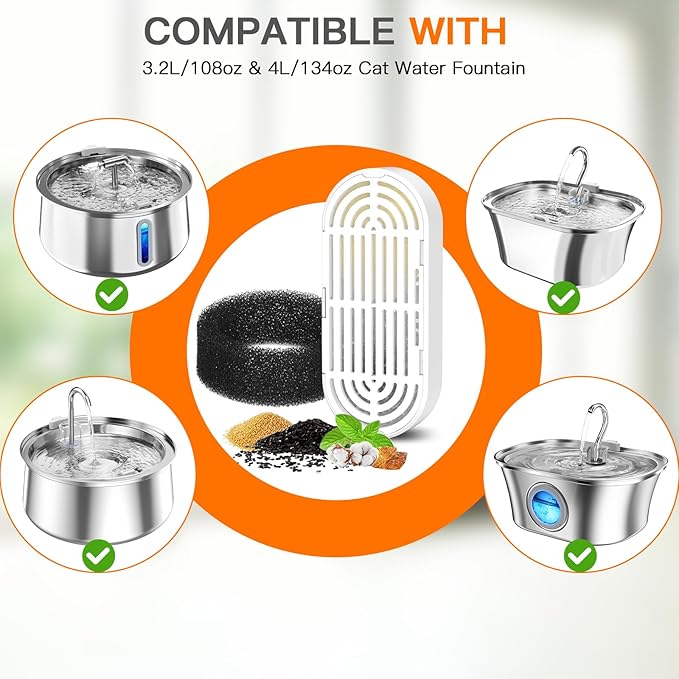 Cat Water Fountain Filters for 108/3.2L& 4L/134oz Stainless Steel Pet Water Dispenser Fountain Filters(9 Filters& 9 Sponges)