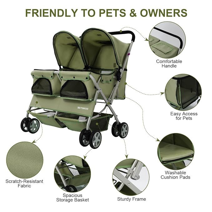 Double Pet Stroller for 2 Small Dogs & Cats, Side-by-Side Twin Travel Carriage with Safety Leashes, Mesh Windows & Double Storage Baskets, Lightweight & Foldable, 44lbs Capacity, Green