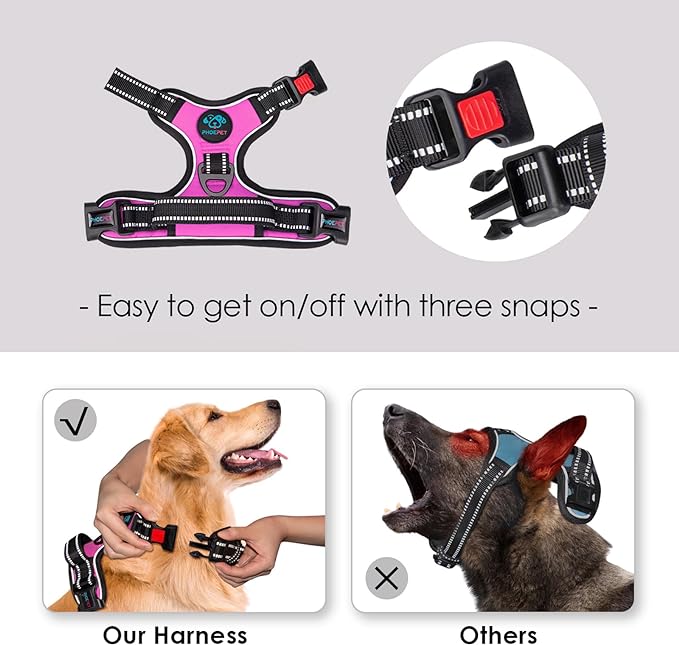 Reflective Dog Harness Large Breed Adjustable No Pull Vest | with Handle 2 Metal Rings 3 Buckles [Easy to Put on & Take Off](L, Pink)