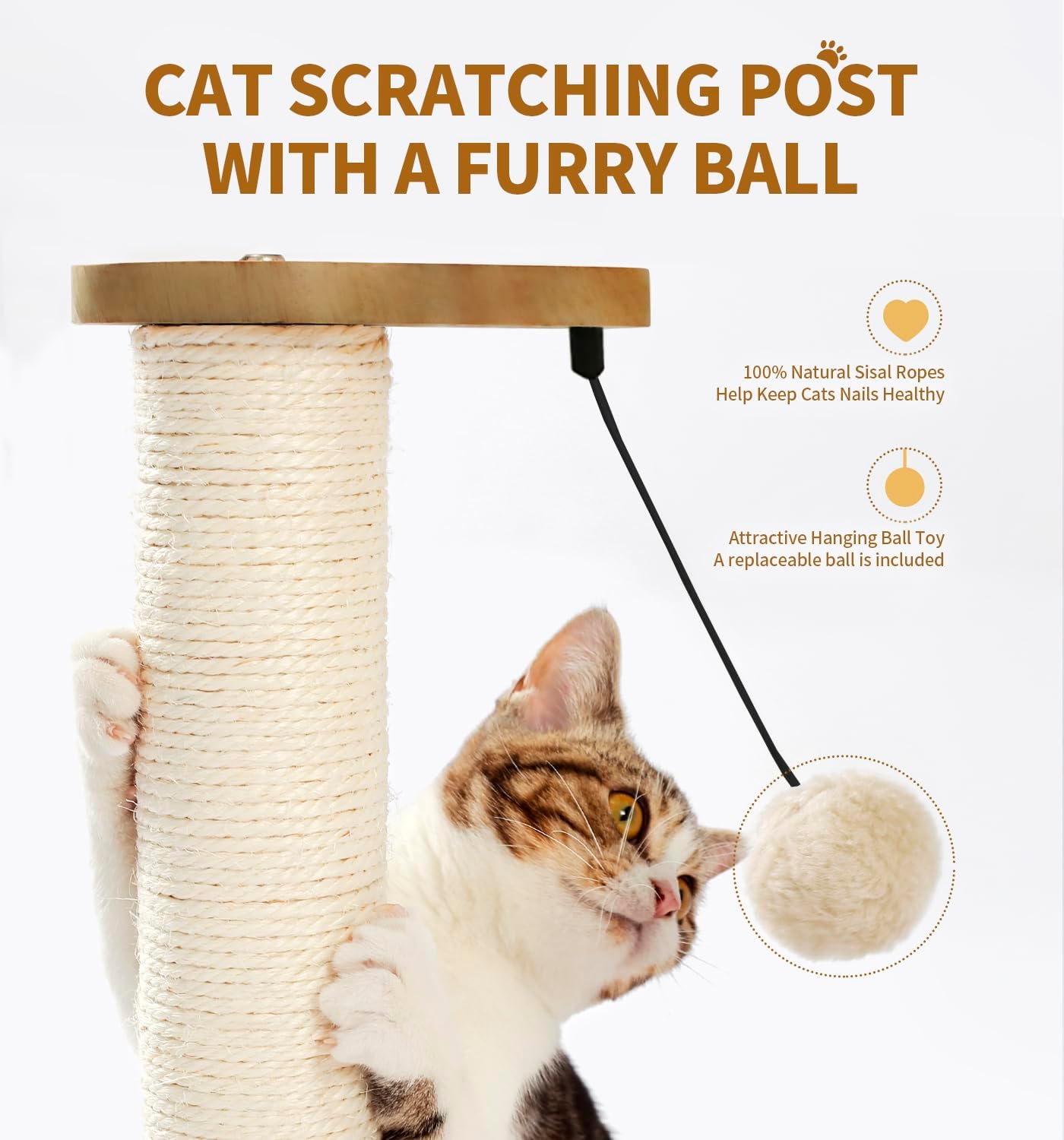 Made4Pets Cat Scratching Post Cat Scratcher Kitten Toys for Indoor Cats Wooden Ball Track Two-Layer Modern Sisal 23.4" Tall Scratch Post Interactive Toy with Dangling Ball Middle Size