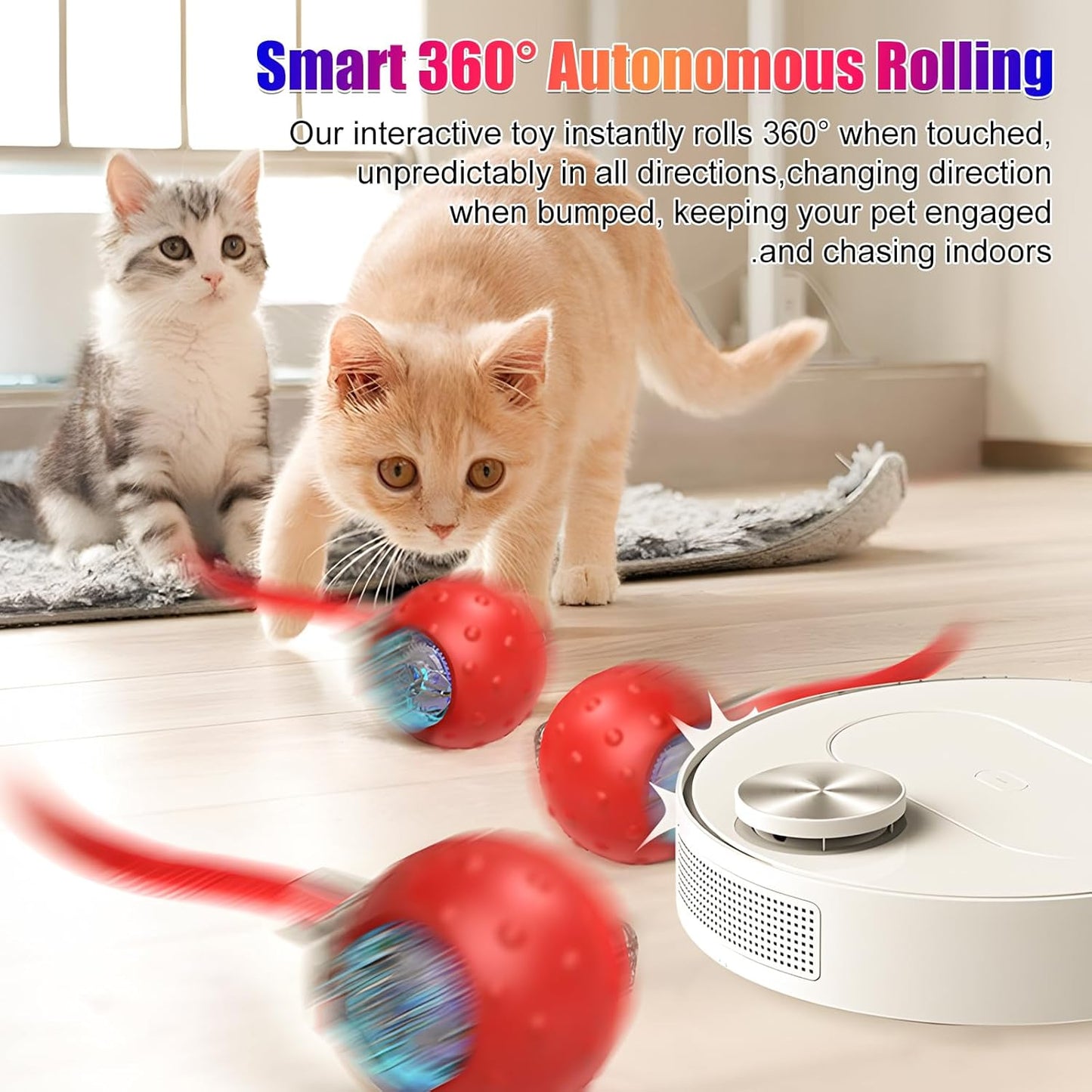 2pcs Tiny Fetch Dog Toy, Tinyfetch Interactive Dog Cat Toys Balls with Birdsong, 360° Smart Automatic Rolling Dog Ball Toy with Rope for Pets Indoor & Outdoor Play (Blue+Red)