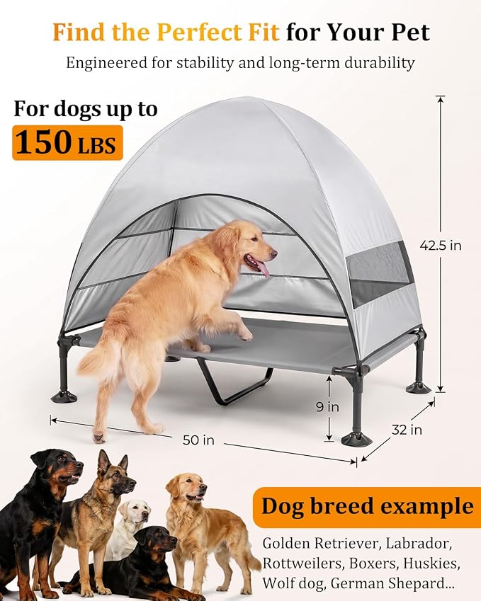 Elevated Dog Bed with Canopy - 3-Sided UV Protection Pet Tent with Wider Shade, Raised Cooling Outdoor Dog Cot with Breathable Mesh for Medium Large Dogs, Portable Bed for Camping, Patio (Grey, XL)