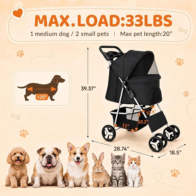 ZENY Foldable Pet Stroller, Cat/Dog Stroller with 4 Wheel, Pet Travel Carrier Strolling Cart with Storage Basket, Cup Holder (Black)