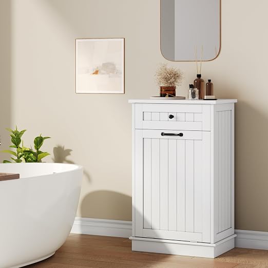 10 Gallon Tilt Out Trash Can Cabinet with Drawer, Hidden Trash Can, White | Cabinet with Drawers for Kitchen, Bathroom and Laundry Room