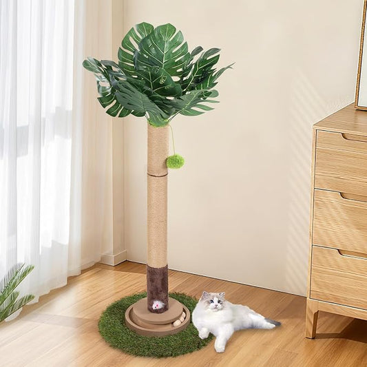 Cat Scratching Post, 35 Inch Tall Cat Scratcher Cat Tree Tower with Hanging Ball for Indoor Cats Adults,Sisal Rope Kitten Scratch with Interactive Mouse Cat Toy (41in, Monstera)