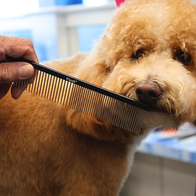 FlexIt Professional Stainless Steel Pet Comb - Gently & Precisely Removes Loose Fur, Tangles & Mats for a Smoother, Healthier Coat - Pairs Perfectly with the FlexIt Brush