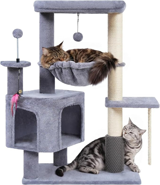 Cat Tree for Indoor Cat, with Cat Condo and Hammock, Grey | Cat Tree with Self-Grooming Brush and Toy Balls,Cat Tower with Scratching Posts