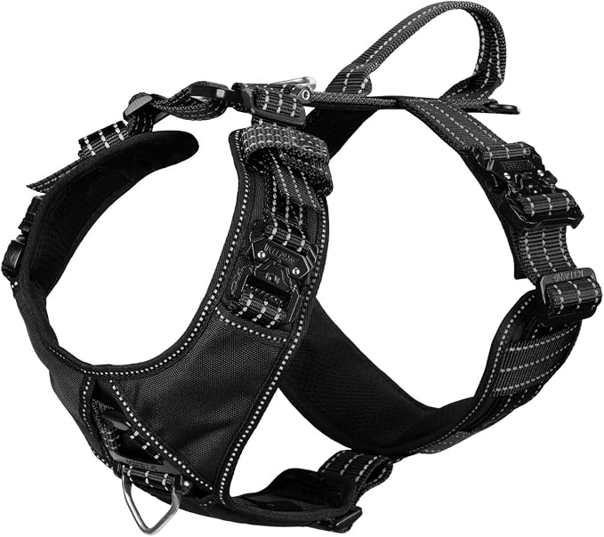 ICEFANG Dog Halter Harness with Metal Buckles,Dog Strap Vest X-Large Dogs | Control Handle,Summer-Cooling,Reflective,Front Hook,Adjustable,Soft Padded,No Pull,Black,XLarge