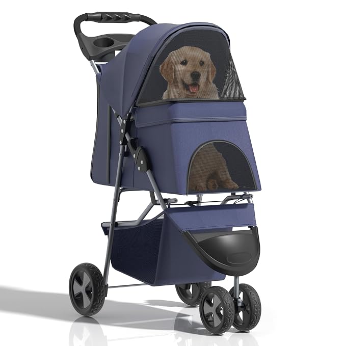 Pet Stroller for Small Dogs 10 lbs, Dog Stroller for Medium Dogs 30 lbs, Cat Strollers for 2 Cats, 3 Wheels Foldable Jogger Puppy Stroller with Storage Basket and Cup Holder, Navy Blue