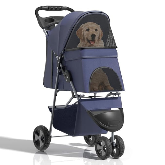Pet Stroller for Small Dogs 10 lbs, Dog Stroller for Medium Dogs 30 lbs, Cat Strollers for 2 Cats, 3 Wheels Foldable Jogger Puppy Stroller with Storage Basket and Cup Holder, Navy Blue