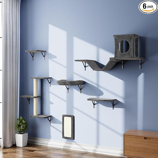 Cat Wall Shelves, 6-in-1 Cat Wall Furniture Set for Large Cats, Cat Climbing Wall Systems with Perch Bed, Condo, Bridge Ladder, Steps, Scratching Post, Dark Gray