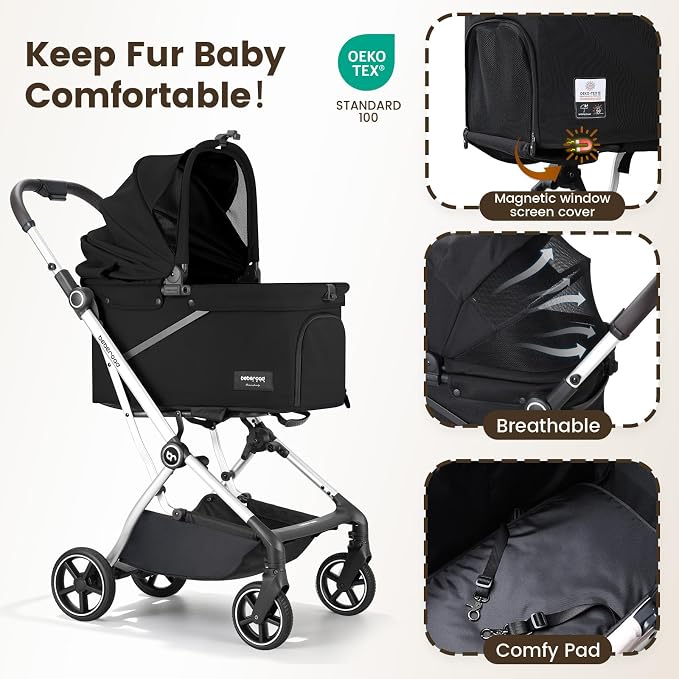 T4 Max Pet Stroller Dog Cat Stroller for Small Medium Dogs Cats, 4 Wheels Travel Folding Carrier Waterproof Puppy Stroller with Pad, Canopy and Cup Holder (T4 Max Black)